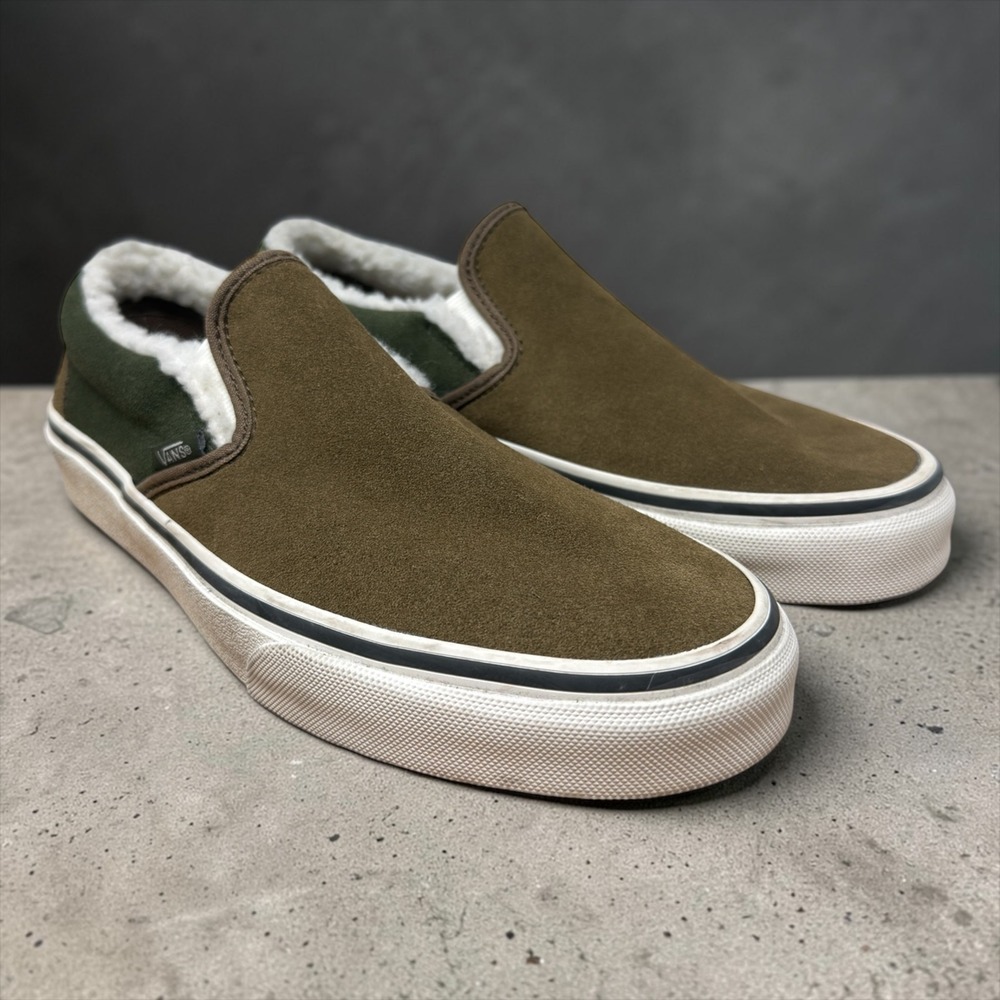 Vans Classic Slip-On Suede Sherpa Faux Fur Lined Olive Green Mens 6.5 Womens 8